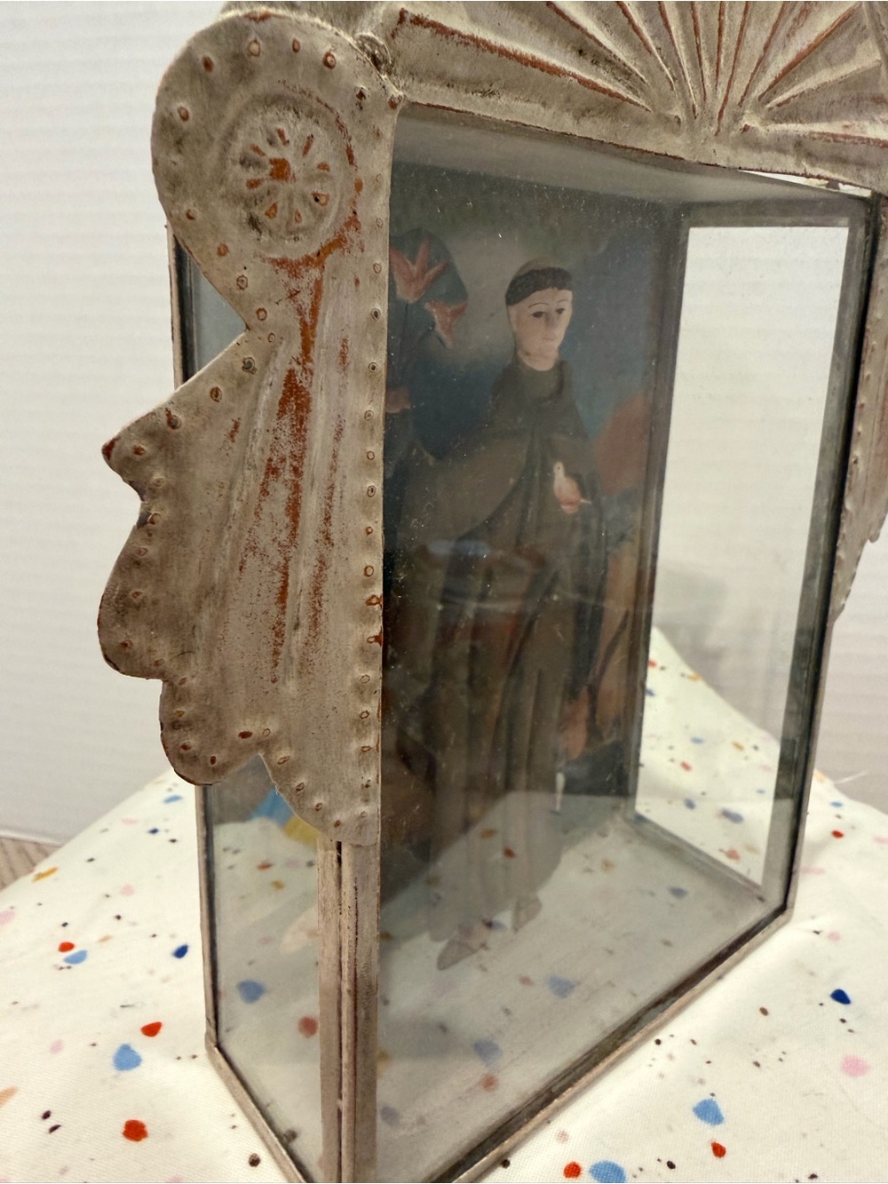 Antique Spanish Colonial Saint Francis Retablo in Custom Tin NicheBeautifully - Picture 8 of 9